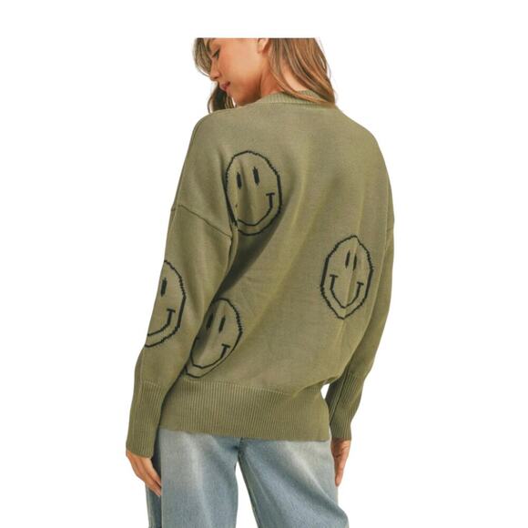 Miou Muse Smiley Face Sweater Size Small Green Crew Neck Sweater - Picture 2 of 8